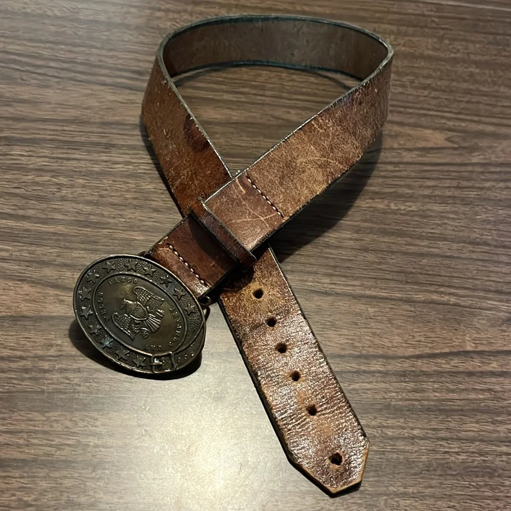 VINTAGE Wells Fargo Brass Buckle Brown Leather Belt Size 30